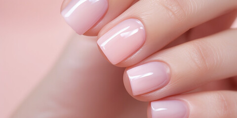 Obraz na płótnie Canvas Nude Nail Polish. Close-up of woman hand, natural pink manicure on pink background.