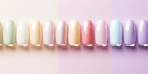 Poster Nail polish samples in soft pastel colors. Colorful nail lacquer manicure swatches. Top view of nail art palette. Flat-lay. © PEPPERPOT
