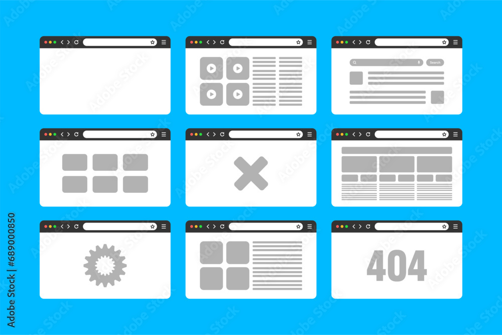 Poster web browser window, pages layout with toolbar and search field. modern website, internet page in fla