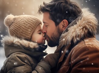 Portrait of happy family: Father and baby daughter on Winter Vacation in park. Happy, joyful family. - obrazy, fototapety, plakaty