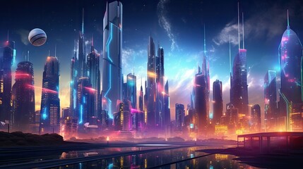 A captivating render of a futuristic cityscape, alive with the spirit of technological advancement. Futuristic, skyline, innovation, urban, digital art, skyscrapers. Generated by AI.