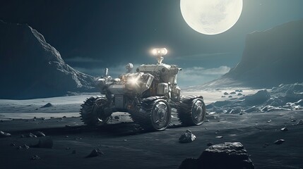 A breathtaking depiction of a lunar rover exploring the surface of the moon. Space exploration, lunar landscape, rover vehicle, extraterrestrial, cosmic adventure. Generated by AI. - obrazy, fototapety, plakaty