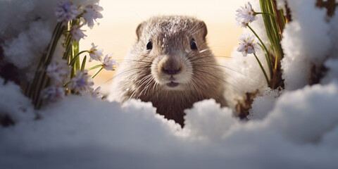 Groundhog Peaking Out of Snowy Hole. Cute Groundhog Emerging from Burrow. Happy Groundhog Day.