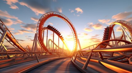 Dynamic, thrilling, roller coaster movement, adrenaline rush, amusement park attraction, exciting experience, thrilling adventure. Generated by AI. - obrazy, fototapety, plakaty