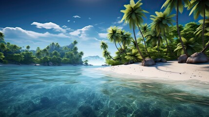 A captivating render portraying a pristine tropical island with palm-fringed shores and turquoise waters. Secluded paradise, serene beauty, exotic getaway. Generated by AI.