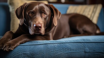 Labrador Lounging: Cozy Blue Living Room with Cute Companion