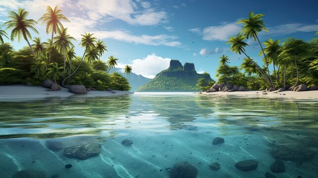 A striking render showcasing a pristine tropical island, surrounded by crystal-clear aquamarine waters and verdant landscapes. Secluded paradise, serene beauty. Generated by AI.