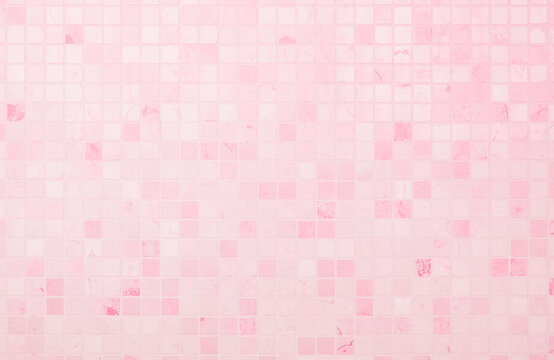 Fototapeta Pink tile wall chequered background bathroom floor texture. Ceramic wall and floor tiles mosaic background in bathroom and kitchen clean. Pool design pattern geometric with grid wallpaper decoration.
