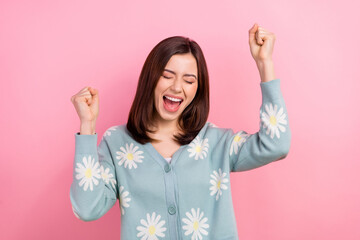 Photo of excited ecstatic lady scream hooray astonished yes yeah win lottery wear cardigan isolated...
