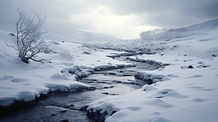 Obraz premium Enchanting, frozen stream, snowy meadow, breathtaking landscape, winter essence, enchanting snowscape. Generated by AI.