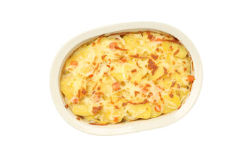 Concept of tasty and delicious homemade food - potato casserole, isolated on white background