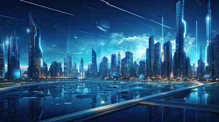 Naklejka premium Futuristic, bustling streets, diverse architecture, dynamic energy, bustling metropolis, immersive technology, digital urban panorama. Generated by AI.