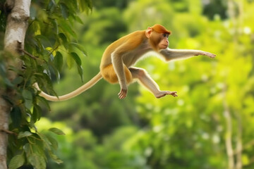 photo of monkey jumping from tree - obrazy, fototapety, plakaty
