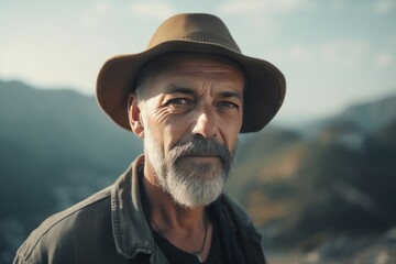 Old bearded man wearing hat on hills peak. Aged male explorer hiking journey portrait. Generate ai - obrazy, fototapety, plakaty
