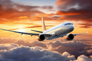 Fototapeta na wymiar commercial airplane flying above clouds at sunset