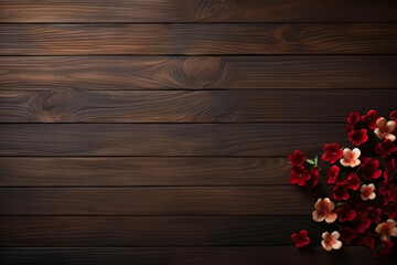 top view of pink and red hearts on wooden table with space for text