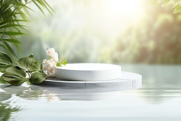 Round podium with flower on the water with nature background