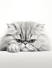 Cat or Kitten pencil line art, lying on the ground with its paws on each side of its head like it&rsquo;s peeking over on black and white