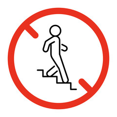 Prohibited stairs down person, entry for people, stop line sign. Symbol moving downstairs, descend of person forbidden. Restricted to downward stairs. Vector