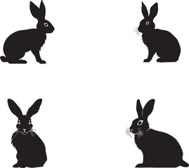 Set of Black silhouette of a rabbit isolated on white background