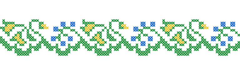 Ukrainian floral pattern in yellow and blue colors. Vector ornament, border, pattern. Ukrainian folk, ethnic floral embroidery. Pixel art, vyshyvanka, cross stitch