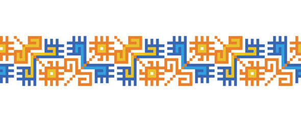 Ukrainian yellow and blue vector ornament, border pattern. Ukrainian traditional embroidery ornament. Pixel art, vyshyvanka, cross stitch