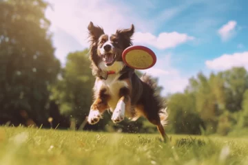 Rolgordijnen Dog frisbee dog catches flying discs in animal games © bojel