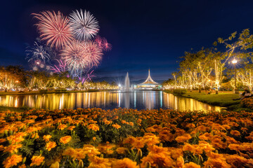 Fireworks at the lake. Garden in Thailand. Fireworks show and prople looking at it at Suanluang...