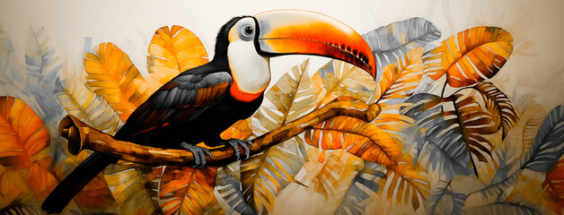 Fototapeta premium Gold grey toucan bird art with tropical flowers and botanical foliage background. Colorful toco hornbill in paradise for vacation beach travel, cartoon exotic jungle, modern graphic resource by Vita