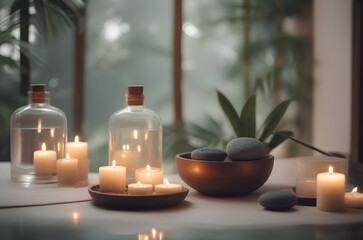 Fototapeta na wymiar spa still life with candles and essential oil