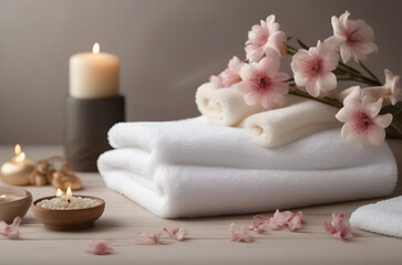spa still life with candles, white towels and flowers