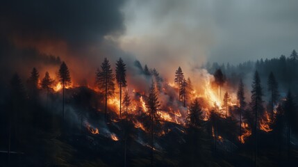A terrible forest fire destroy trees and animals , smoke in the air , nature is destroyed. Worried, background.  - obrazy, fototapety, plakaty