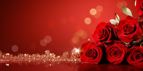 Elegant red roses lay on a sparkling backdrop Valentine's Day flatlay top view copy space banner background. 