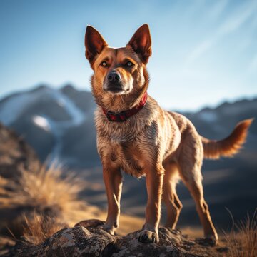 A photograph capturing a brown dog standing atop a hill, framed by a picturesque mountain vista.