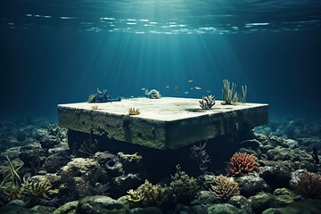 Podium on the seabed with corals, clear water and sunlight. Generated by artificial intelligence - obrazy, fototapety, plakaty