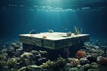 Foto op Aluminium Podium on the seabed with corals, clear water and sunlight. Generated by artificial intelligence © Vovmar