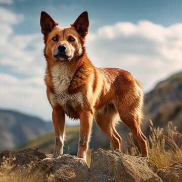 An image featuring a brown dog standing on a hill against a backdrop of stunning mountain landscapes.