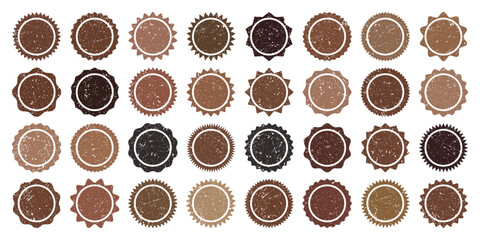 Post stamps, labels and badges. Grunge imprints and postmarks. Brown vintage circle postcard watermarks. Used envelope design elements. Vector illustration