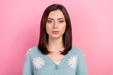 Photo of young attractive gorgeous lady worker seriously look camera wear daisy print cardigan isolated pink color background