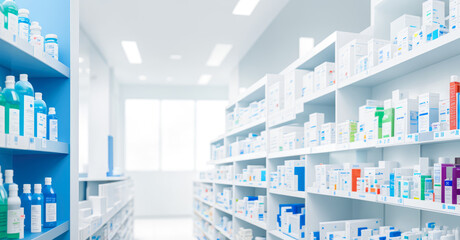 Pharmacy Background. Pharmacy blurred light tone with store drugs shelves interior background. Pharmacy medicine shelf in a row blurred background