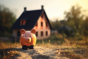 Piggy bank savings rural background. Saving economy money for house mortgage. Generate ai