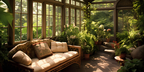 A photo of a sunroom with large windows and indoor plants . Exploring the Beauty of a Sunroom Filled with Lush Indoor Plants and Sun-Kissed Windows .