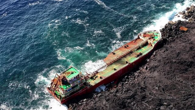 Oil tanker cargo ship ran aground the reunion island drone view