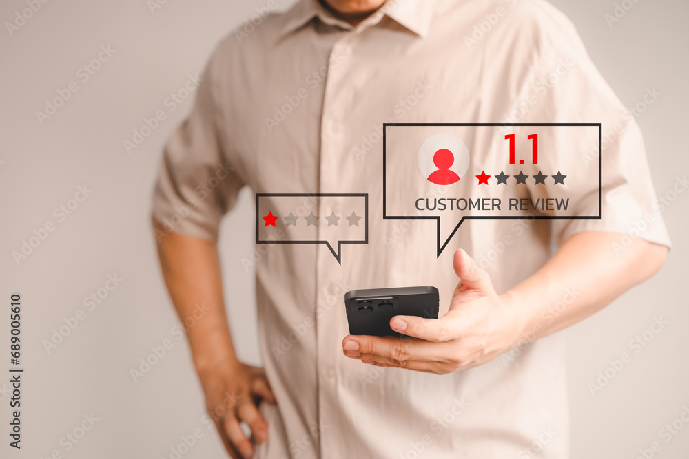 Poster Customer review and feedback with rate 1.1 star on virtual screen. Business concept of customer experience dissatisfied by smartphone. Assessment testimonial review for dislike service and low quality