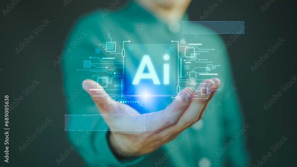 Aufkleber Ai chat technology, User show virtual screen with Ai graphic for global internet connect chatbot, Chat with AI, Artificial Intelligence. Man using command prompt for generates something in design.