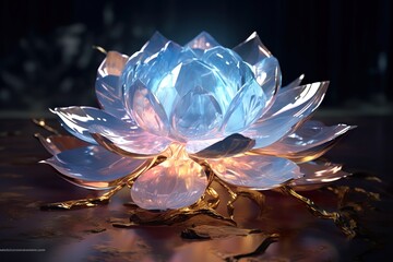 beautiful leaves grow from a giant floating crystal flower, huge petals glittering with transparent light, white background, crystal drops, falling reflected light, reflection fantasy image