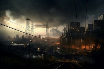 Big factory function. Large powerful power station dark and scary city night. Generate AI