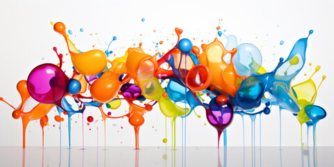 dynamic burst of colorful paint dripping drop splashes on white background, creating a vivid and playful abstract art piece full of movement banner