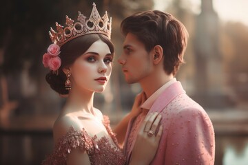 Young royal couple embrace. Fairytale princess with crown next to her beloved prince. Generate ai - obrazy, fototapety, plakaty