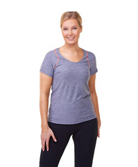 Obraz premium Woman, portrait and happy in studio for fitness, wellness and healthy body with training and exercise. Person, face and smile with confidence, sportswear and pride for workout on white background